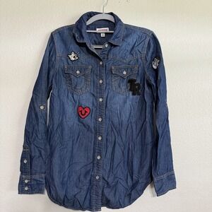 True Religion Patch Georgia Fossil Button-Up Shirt Women's Small‎ Blue Denim